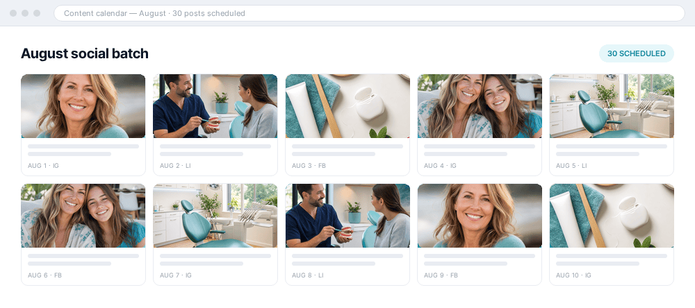 August social batch content calendar showing thirty scheduled posts with matching on-brand images across Instagram, LinkedIn and Facebook.